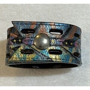 Hand Painted Handmade Genuine Leather Snap Bracelet Western Cowgirl Metallic